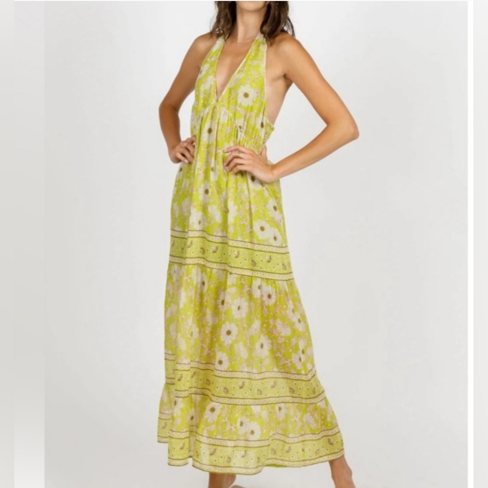 Keahi Lime Floral Halter Maxi Dress XS From Band Of The Free NWT